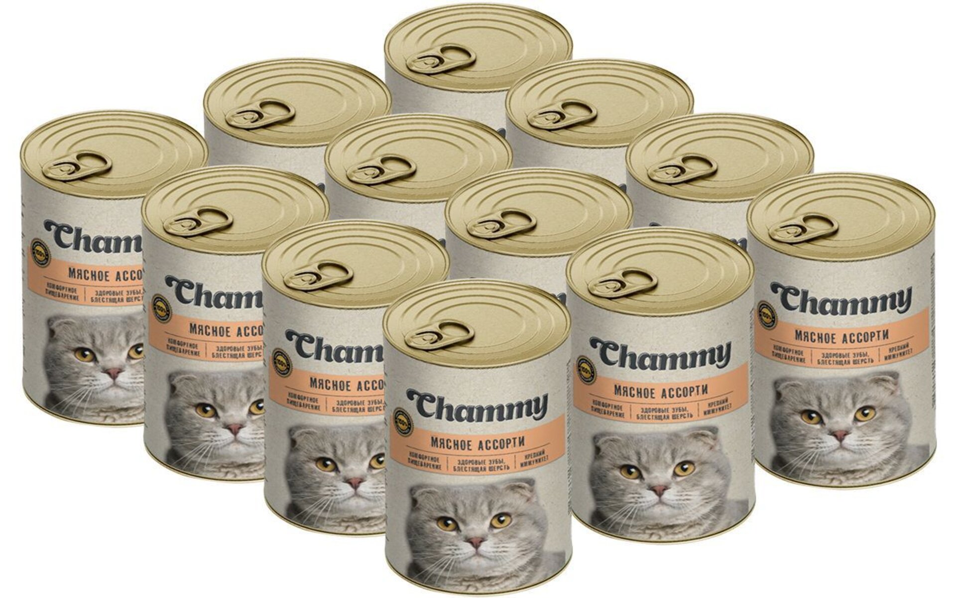 Консервы CHAMMY для взрослых кошек мясное ассорти в соусе содержат все необходимые питательные вещества, витамины и микроэлементы для правильного развития. Они укрепят иммунитет, улучшат состояние шерсти и костей