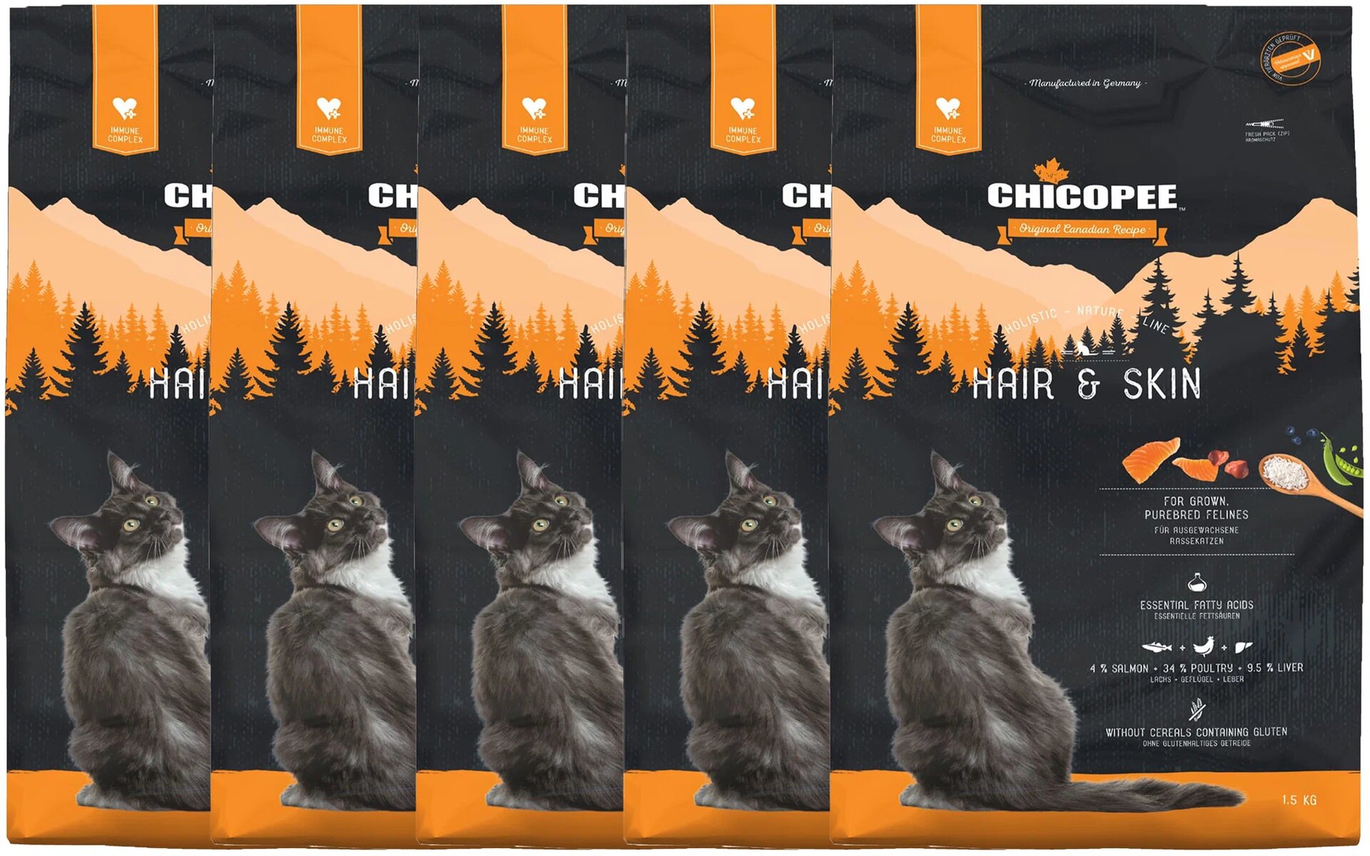 Chicopee HNL HAIR&SKIN – это рацион для взрослых кошек, созданный для улучшения пищеварения, здоровья и продления жизни питомца. В состав входит комплекс питательных веществ для здоровья кожи и шерсти