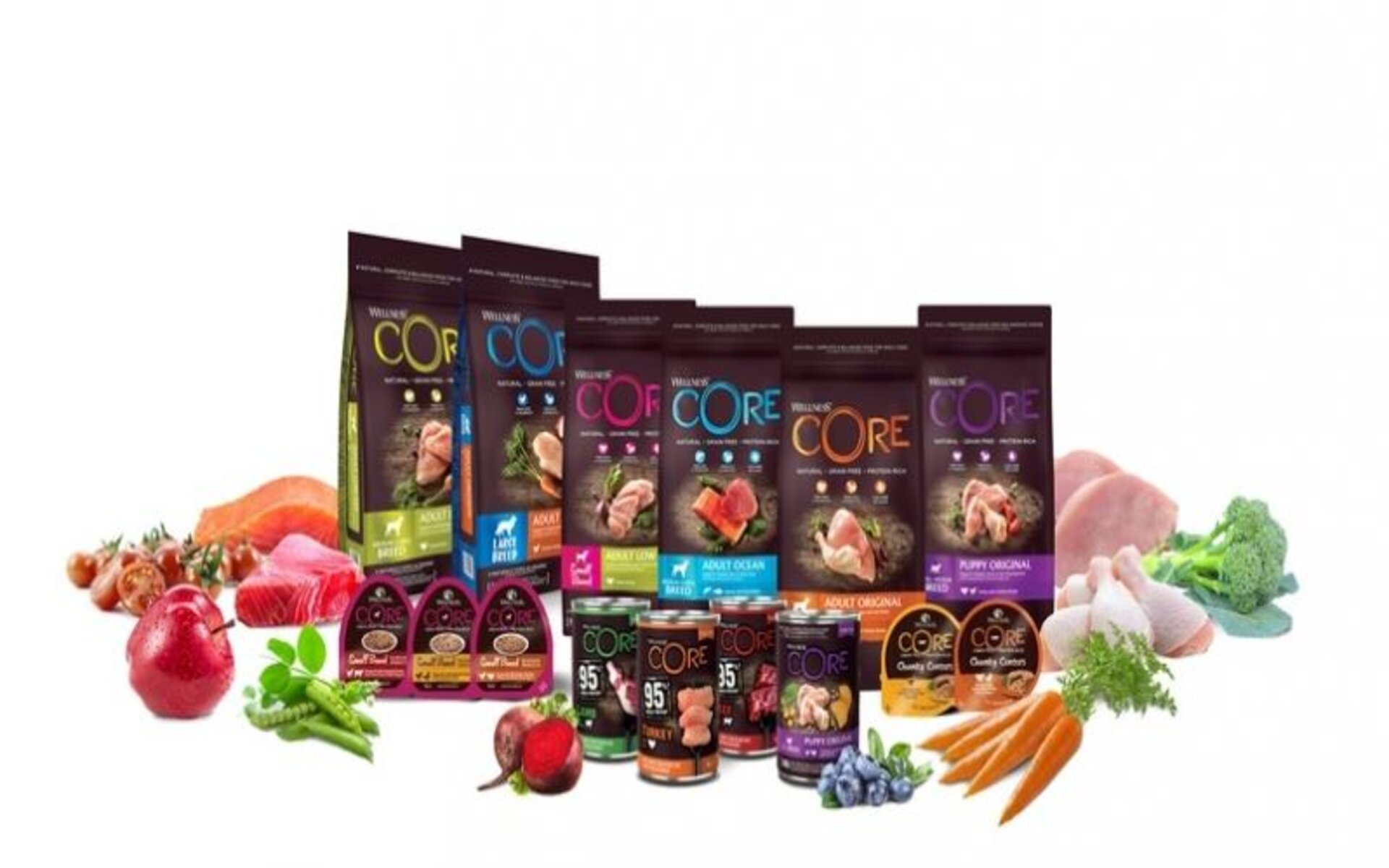 Ассортимент кормов для кошек Wellness Core включает сухие корма и консервы для котят, взрослых и стерилизованных кошек. В линейке представлены 12 вкусов: лосось, тунец, индейка, утка, говядина, курица, куриная печень, креветки.