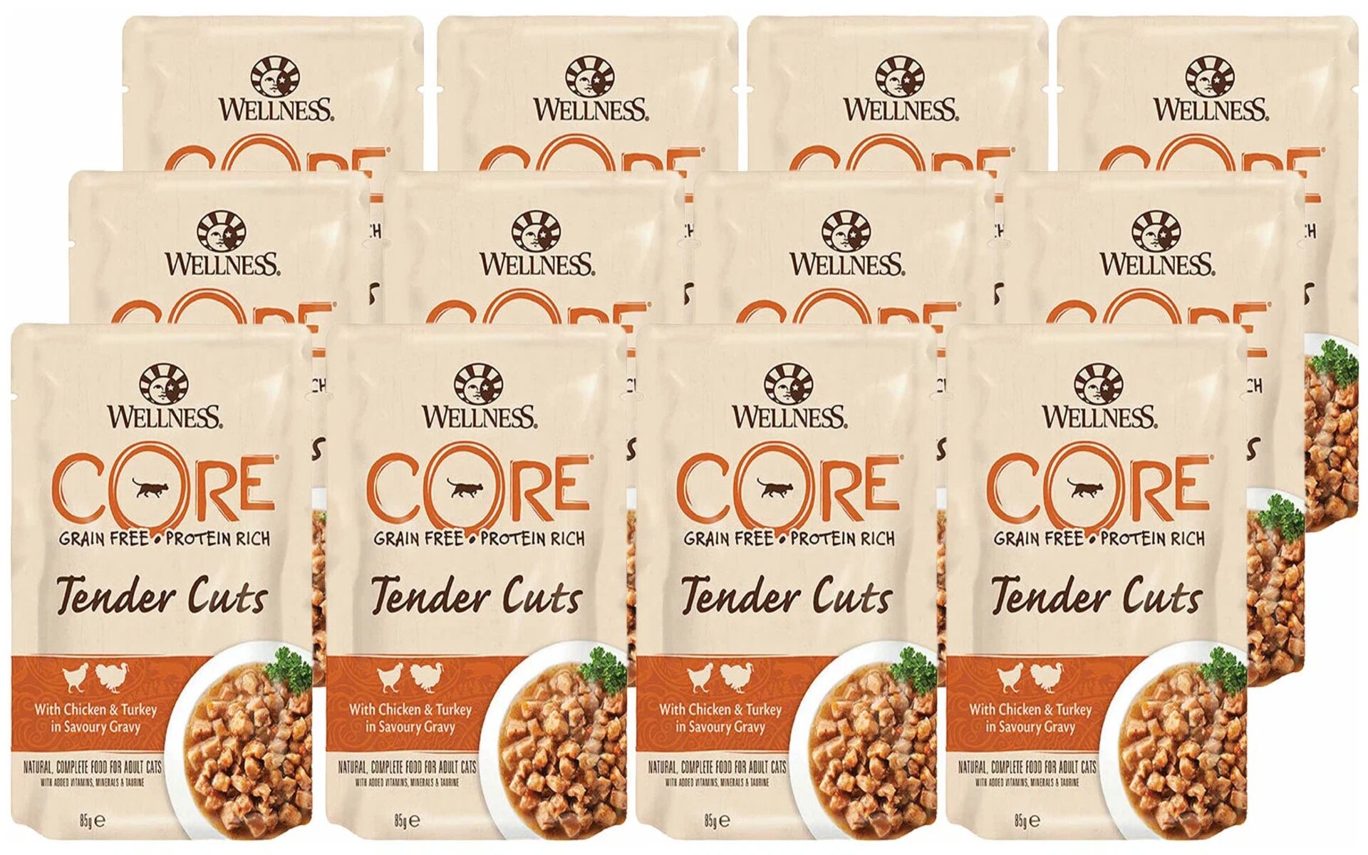 Беззерновые паучи  для кошек Wellness CORE Tender Cuts созданы с учётом потребностей домашних питомцев. Рационы бренда отличаются высоким содержанием натурального белка животного происхождения, что обеспечивает здоровье и долголетие.