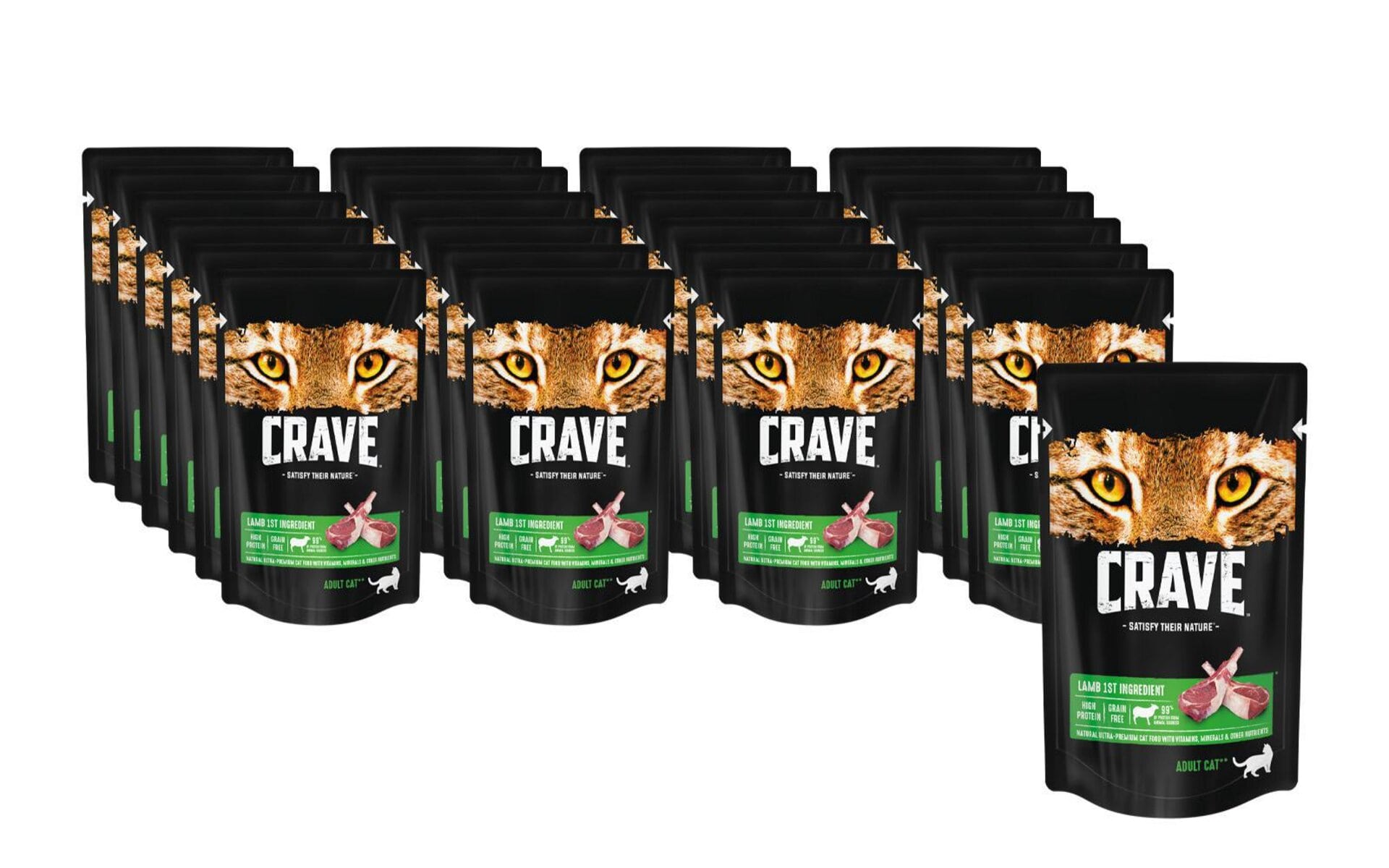 Влажный корм CRAVE для кошек с ягнёнком — это продукт, который содержит не менее 99% ингредиентов животного происхождения. Он разработан с учётом естественных потребностей кошек, а основным его компонентом является мясо. Продукт обеспечивает вашего питомца энергией, белком и поддерживает его организм в тонусе