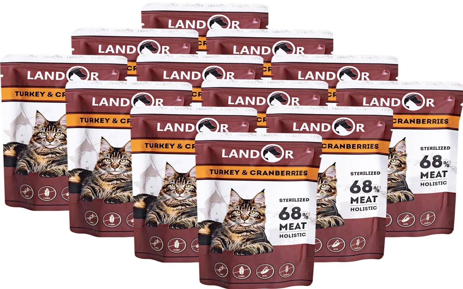 Влажный корм LANDOR для стерилизованных кошек с индейкой и клюквой, пауч 85 г, производится из свежего мяса индейки и клюквы во вкусном бульоне. Индейка — отличный источник белка, витаминов и питательных веществ, клюква — источник клетчатки, витаминов и минералов, помогает в профилактике МКБ