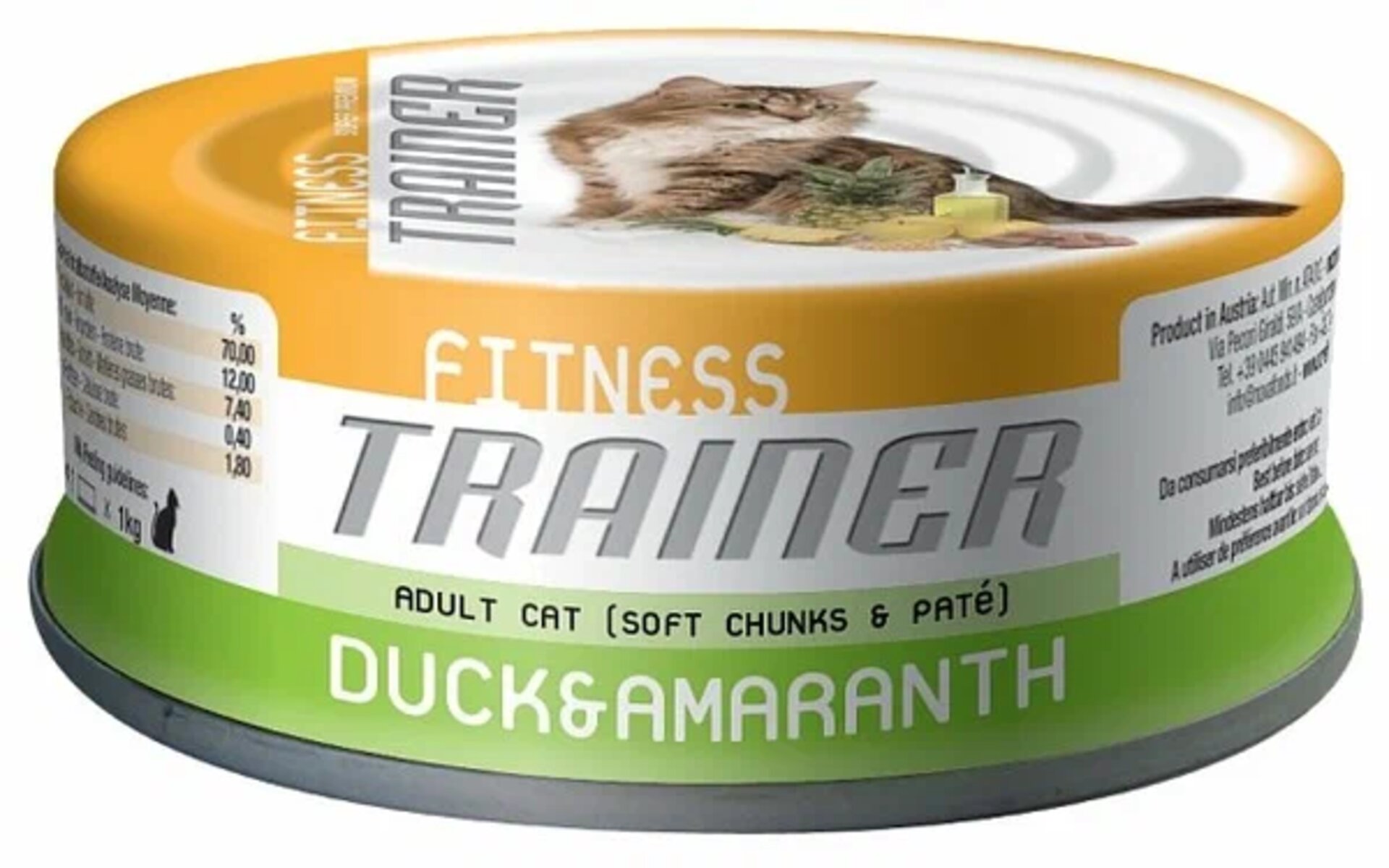 Консервы для кошек Natural Trainer Fitness Adult Duck and Amaranth — это полноценный рацион для взрослых кошек, который способствует поддержанию хорошей физической формы, укреплению мышц и суставов, улучшению пищеварения и состояния шерсти кошки